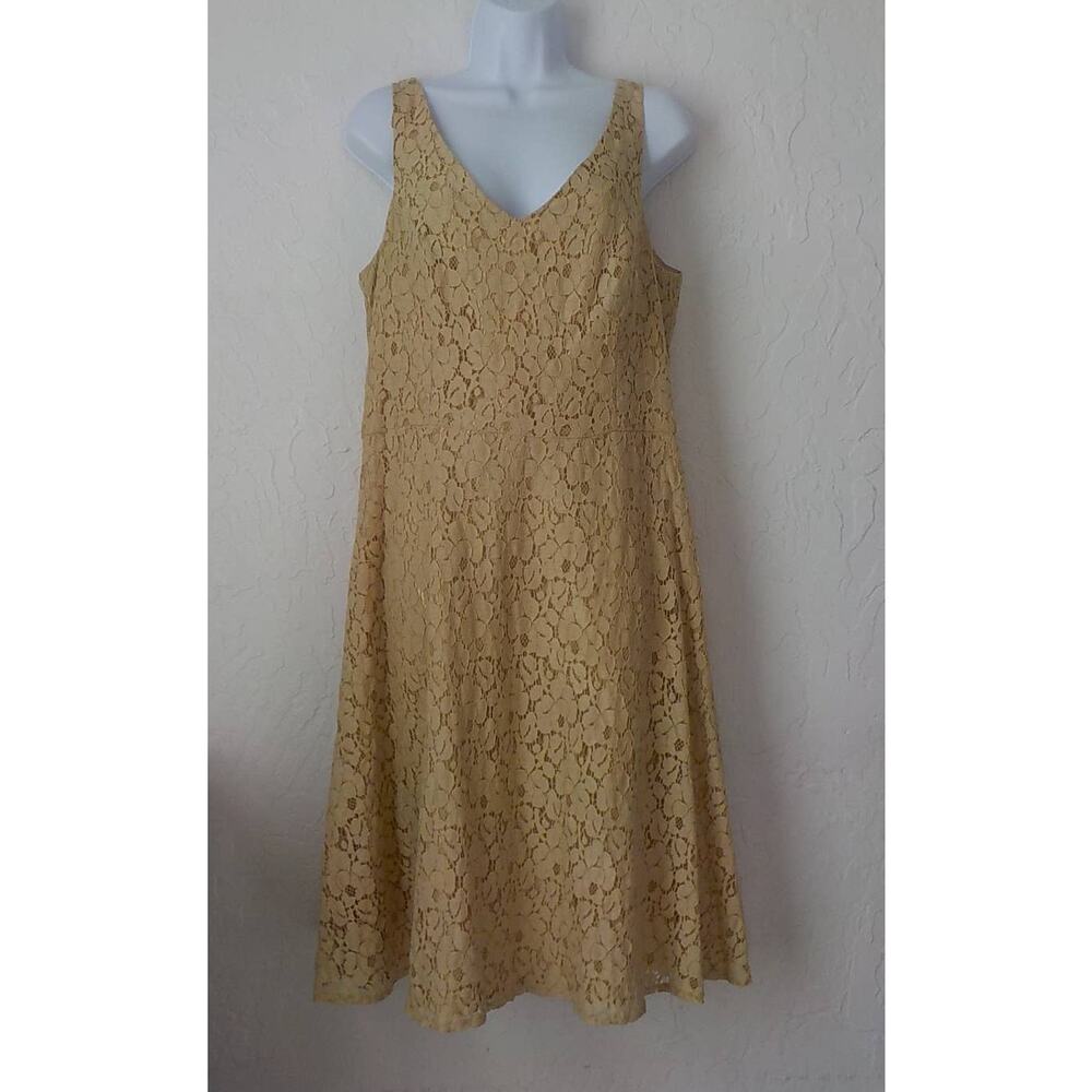 BIYAYCDA Women 16 Beige Gold Fit Flare Floral Lace Dress VNeck Sleeveless Lined